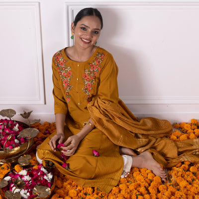 Mustard Yellow Embroidered Kurta with Pants and Dupatta