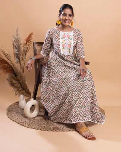 White Base Pink and Green Printed Flair Kurta