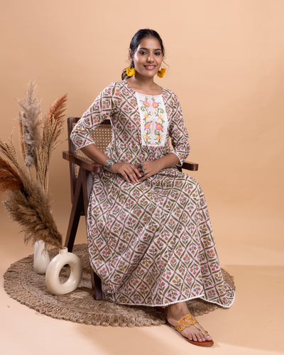 White Base Pink and Green Printed Flair Kurta